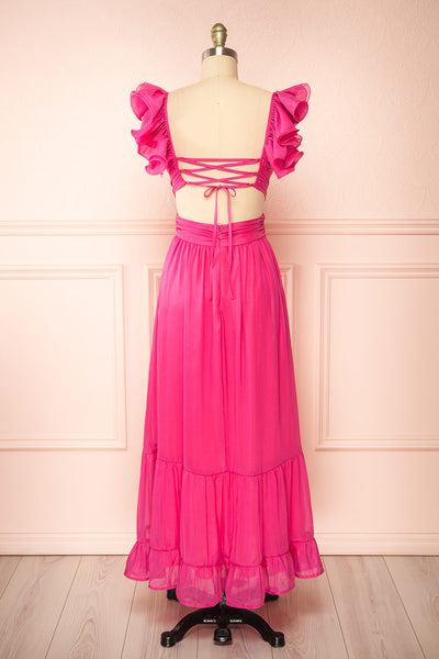 Calantha | Long Fuschia Dress w/ Ruffled Straps | Boutique 1861 back view