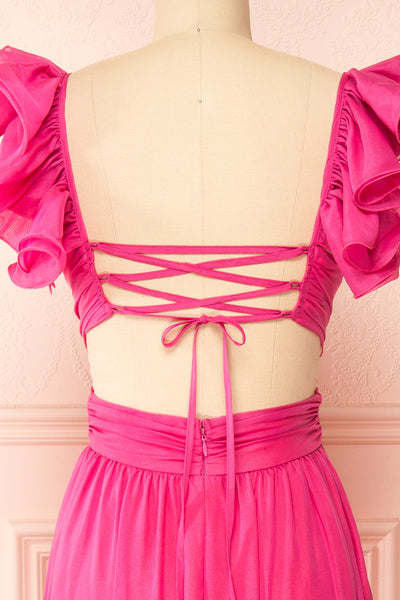 Calantha | Long Fuschia Dress w/ Ruffled Straps | Boutique 1861 back close-up