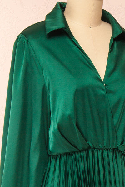 Calira Green Midi Dress w/ Long Sleeves | Boutique 1861 side close-up