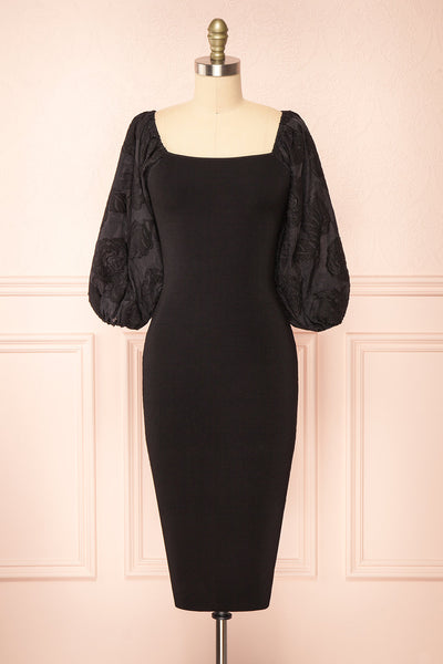 Calixta Black Midi Dress w/ Textured Sleeves | Boutique 1861 front view