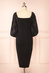 Calixta Black Midi Dress w/ Textured Sleeves | Boutique 1861  back view