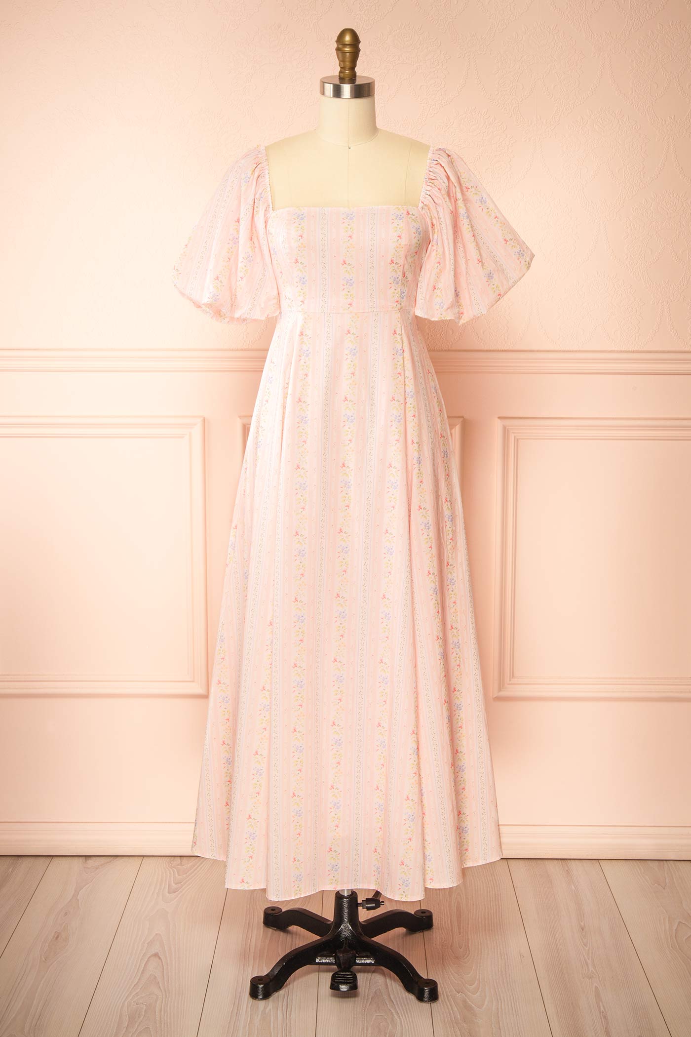 Calluna | Robe Midi Rayée à Fleurs et Manches Bouffantes avec Poches