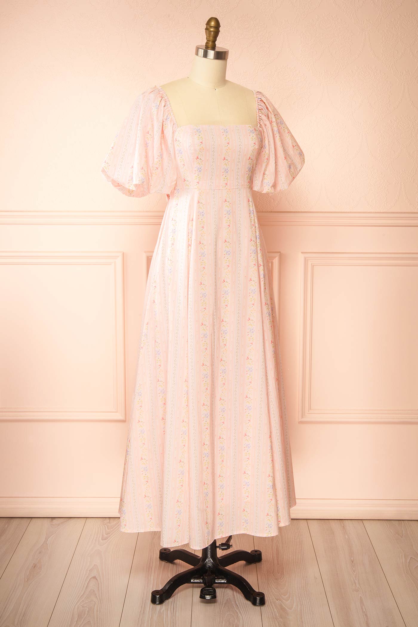 Calluna | Robe Midi Rayée à Fleurs et Manches Bouffantes avec Poches
