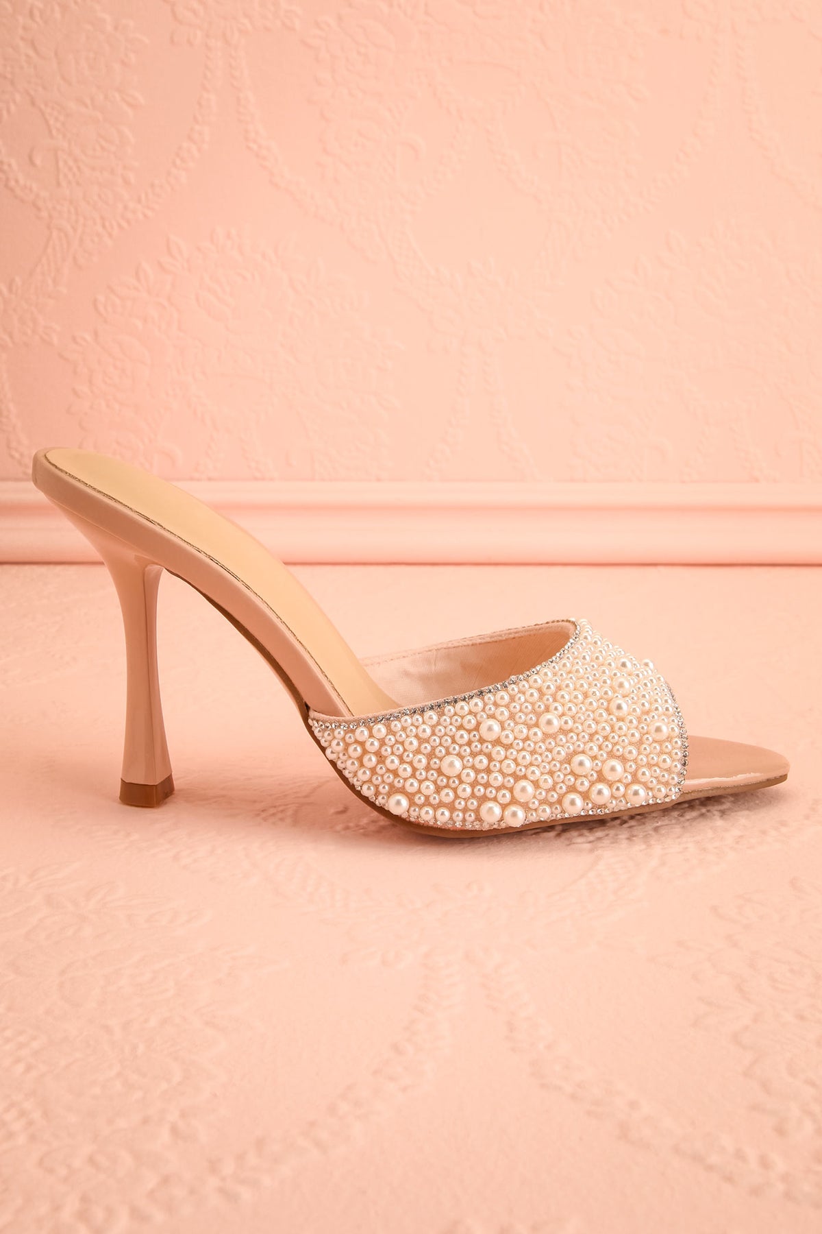 side view of Calystegia Beige High-Heel Slip-On Mules at Boudoir 1861