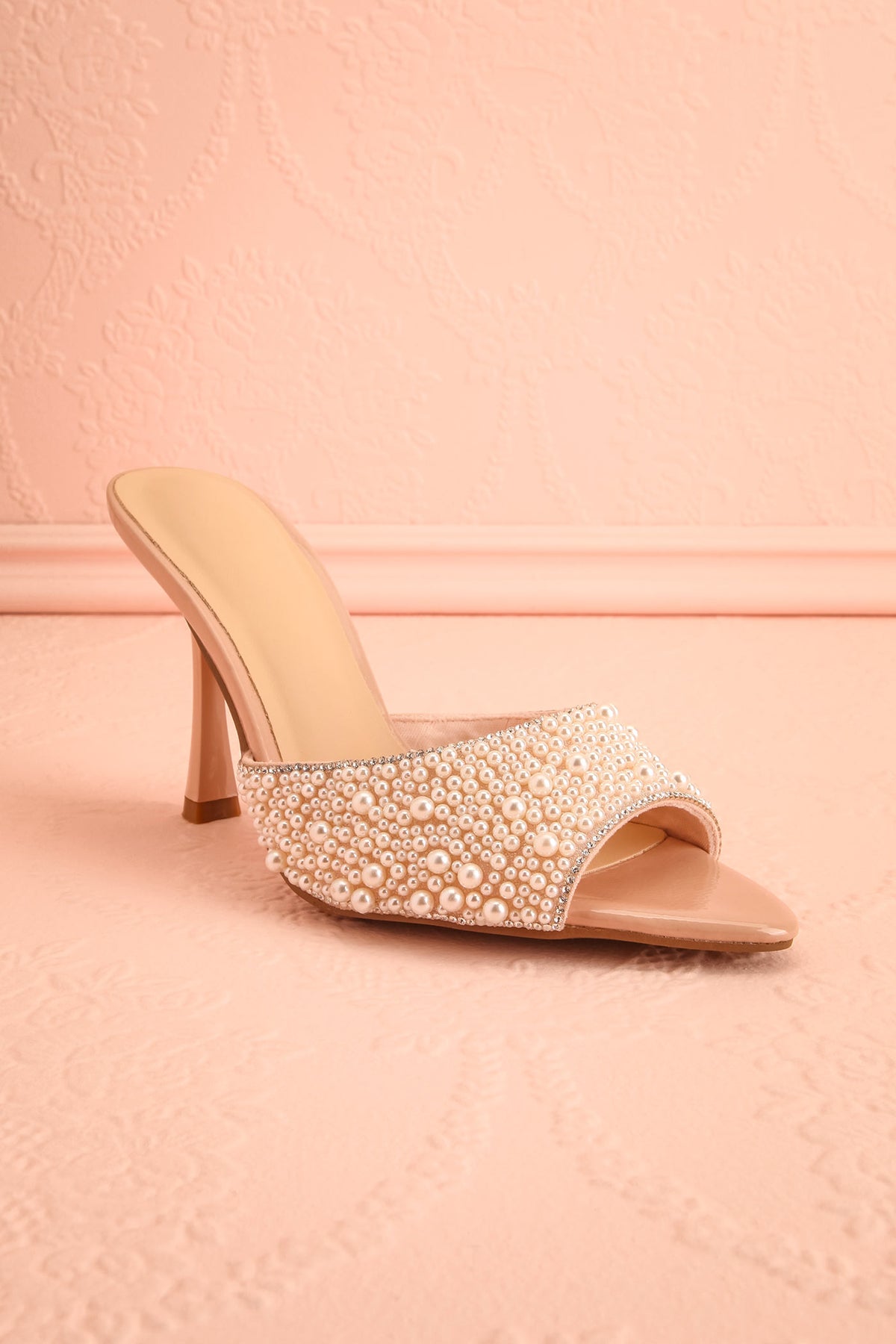 front view of Calystegia Beige High-Heel Slip-On Mules at Boudoir 1861