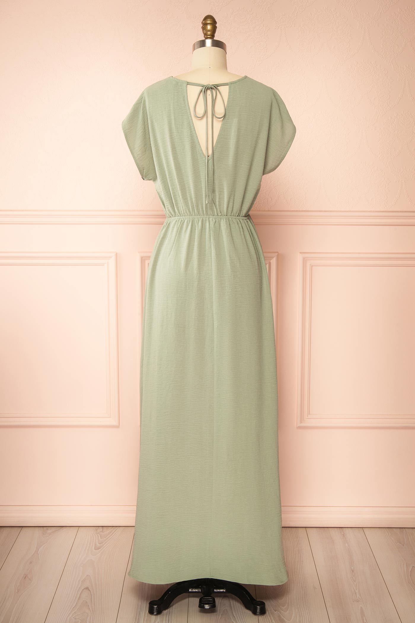 Backview Cambrie Sage Maxi Dress with V-Neck at la boutique 1861