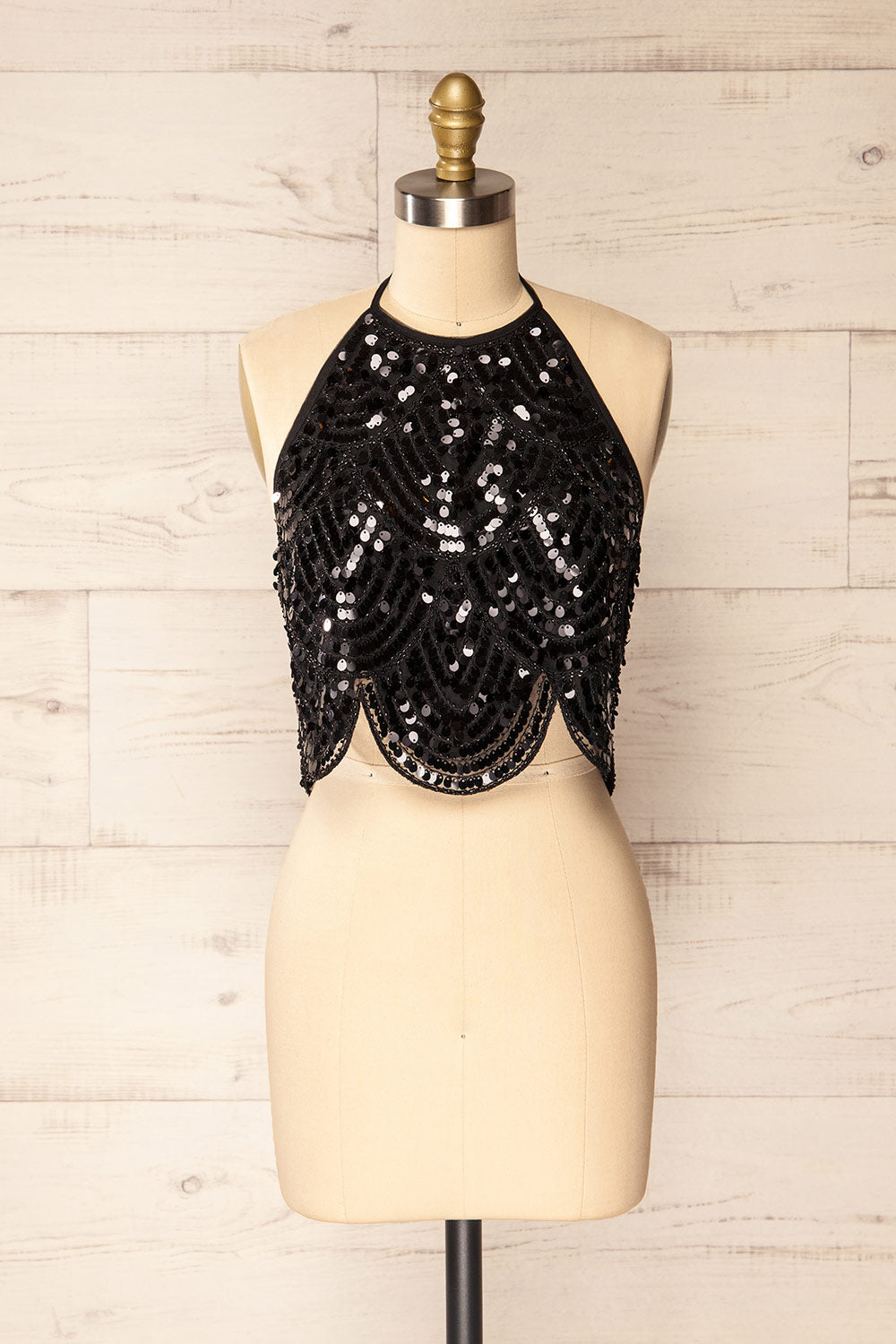 Campeche Cropped Halter Top w/ Black Sequins | La petite garçonne front view