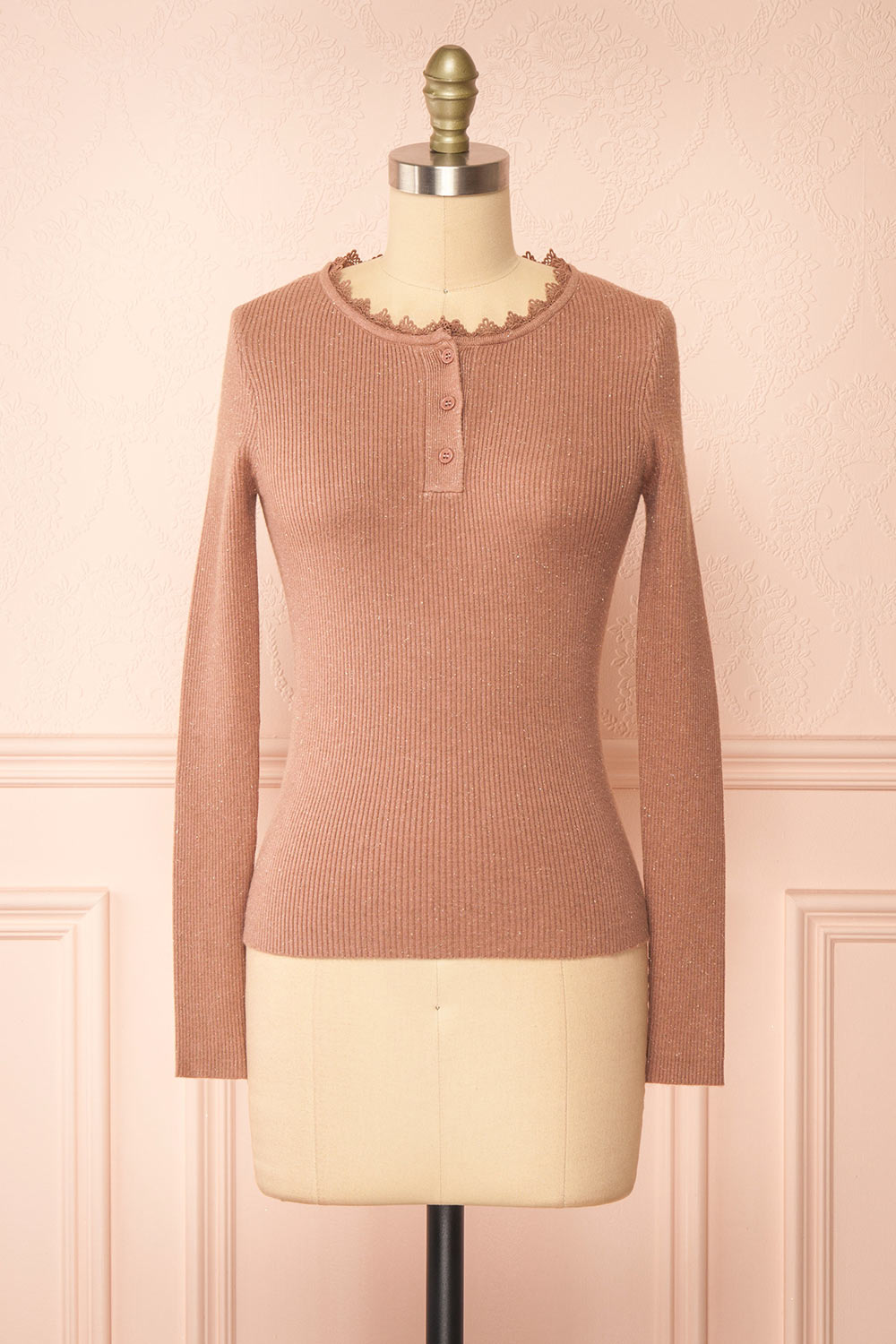 Candra Mauve Ribbed Top w/ Lace Collar | Boutique 1861 front view