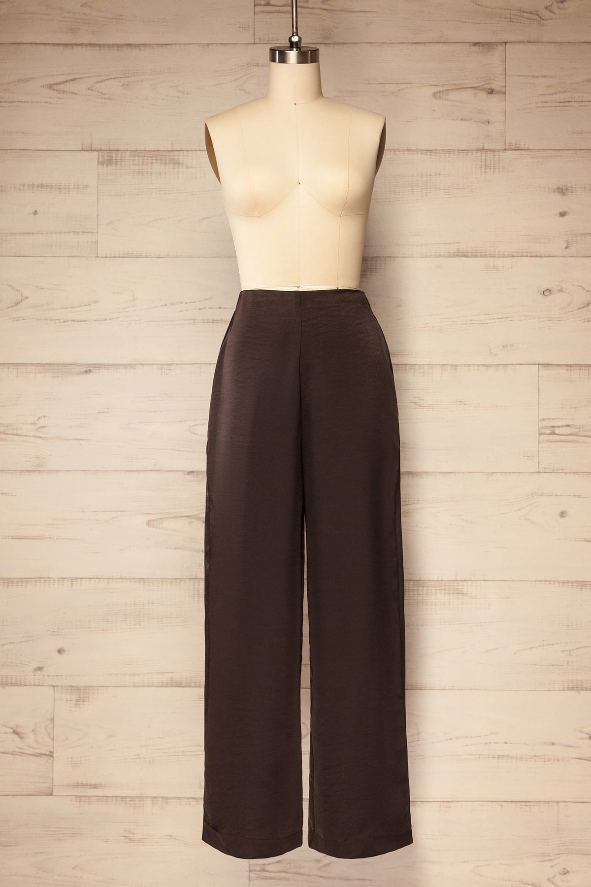 front view of Capas Brown High-Waisted Satin Wide-Leg Pants at La petite garçonne