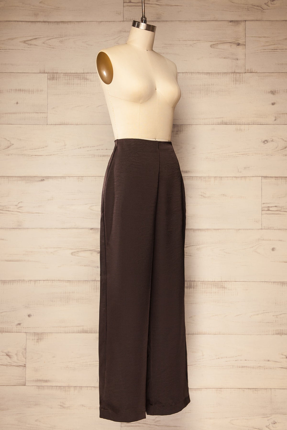 side view of Capas Brown High-Waisted Satin Wide-Leg Pants at La petite garçonne