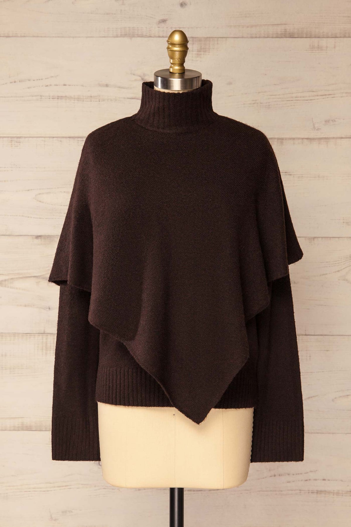 front view of Caplan Brown Asymmetrical Overlay Knit Sweater at La petite garçonne