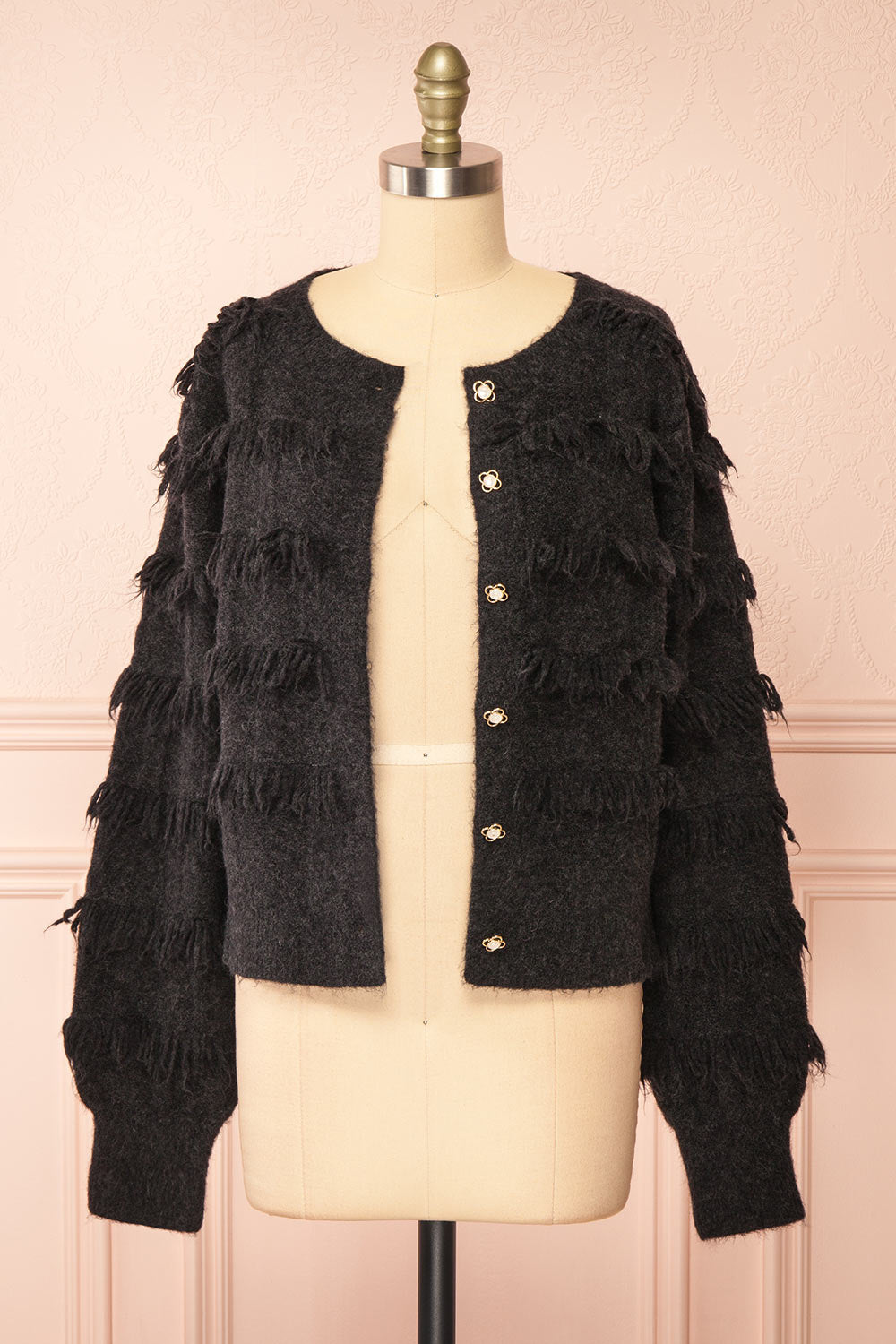 Caradine Black Knit Cardigan with Fringe | Boutique 1861 open view