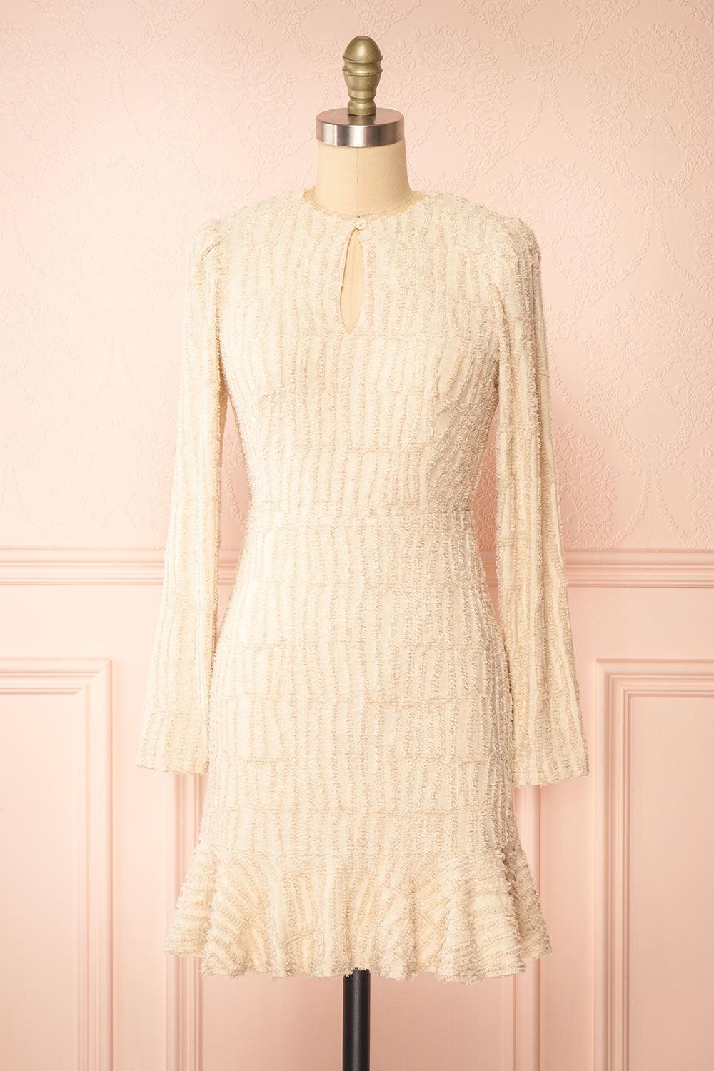 Caramette Short Fuzzy Textured Beige Dress | Boutique 1861 front view