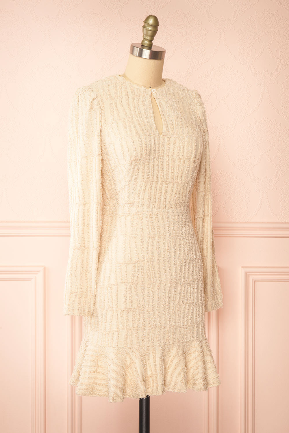 Caramette Short Fuzzy Textured Beige Dress | Boutique 1861  side view