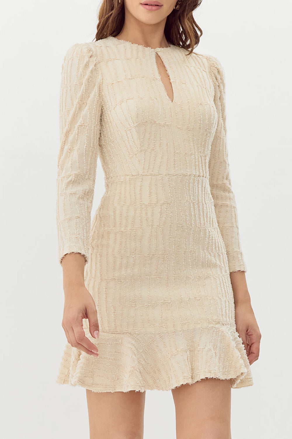 Caramette Short Fuzzy Textured Beige Dress | Boutique 1861 on model