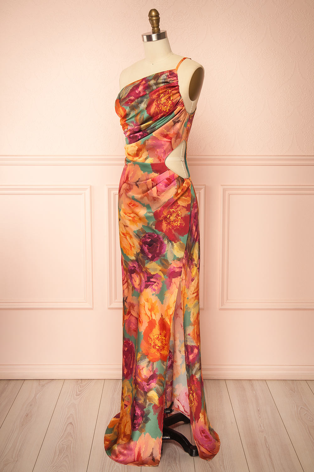 Carleena Vibrant Floral Satin Dress with Cut-Out | Boutique 1861 side view
