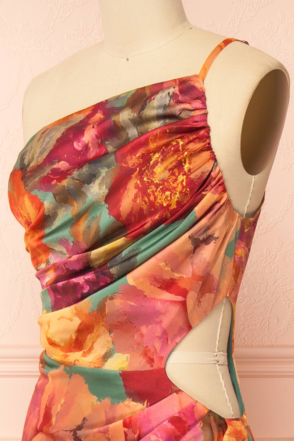 Carleena Vibrant Floral Satin Dress with Cut-Out | Boutique 1861 side