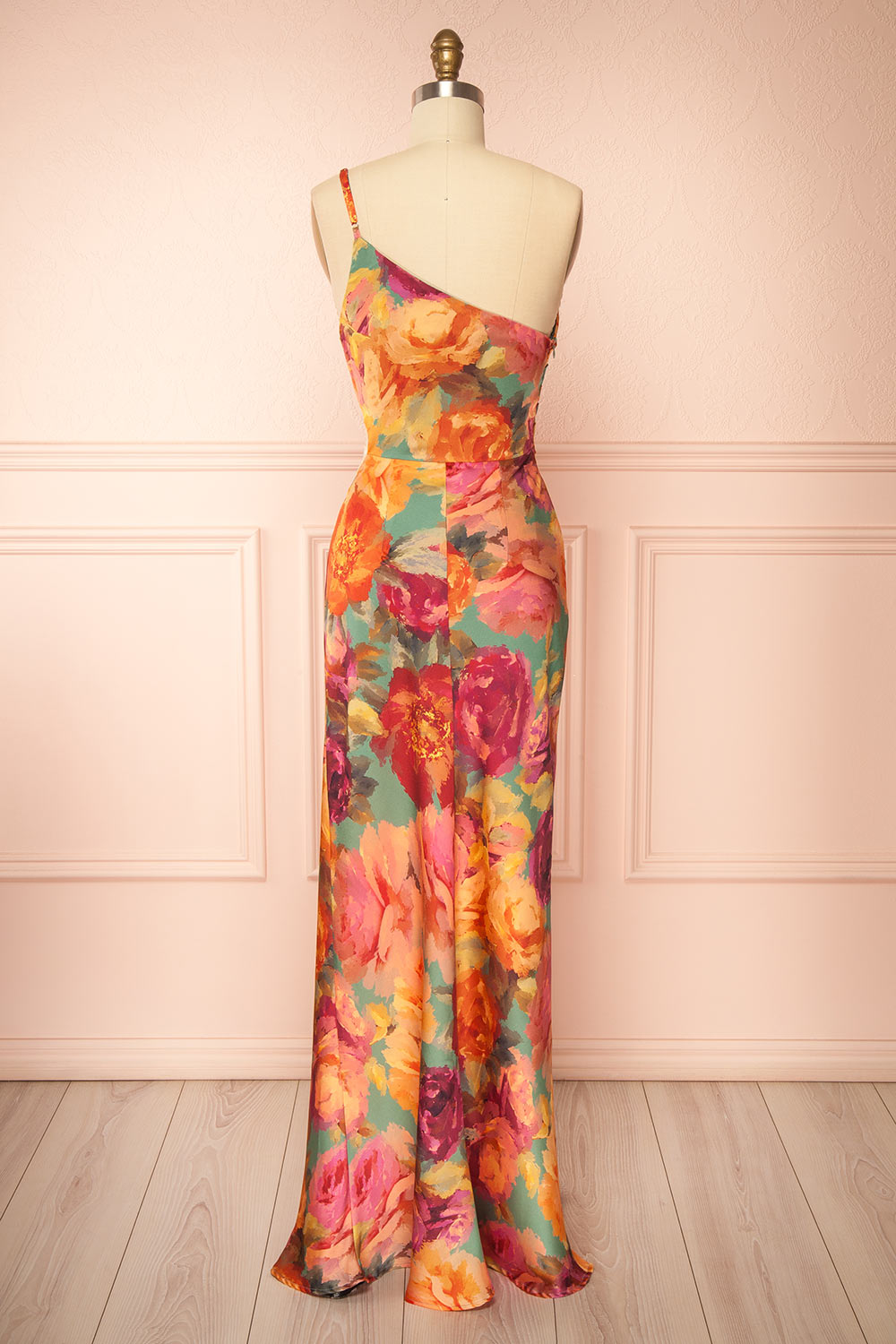Carleena Vibrant Floral Satin Dress with Cut-Out | Boutique 1861 back view
