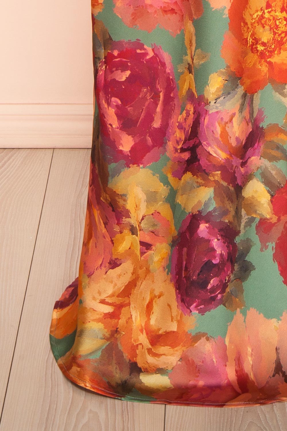 Carleena Vibrant Floral Satin Dress with Cut-Out | Boutique 1861 bottom