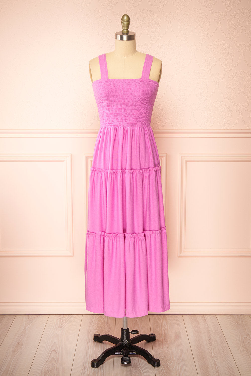 Carly Pink Tiered Midi Dress w/ Ruched Bust | Boutique 1861 front view