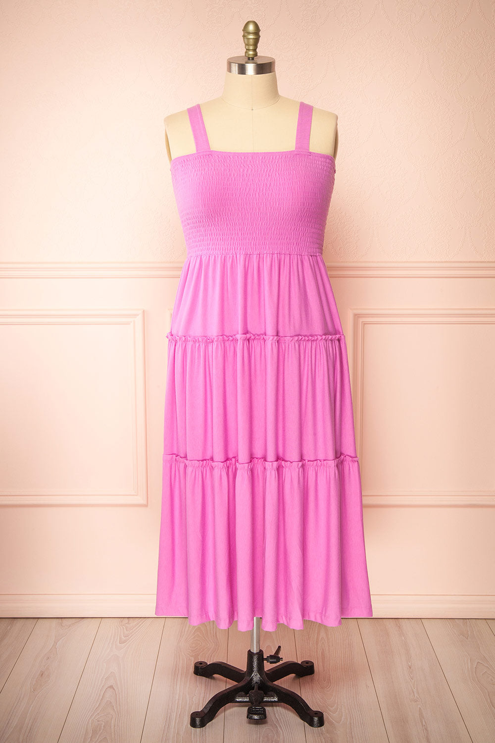 Carly Pink Tiered Midi Dress w/ Ruched Bust | Boutique 1861 front plus size