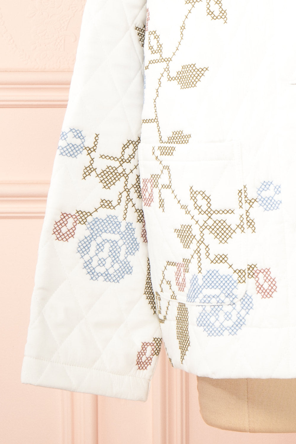 Carolyne White Quilted Jacket w/ Floral Embroidery | Boutique 1861 sleeve