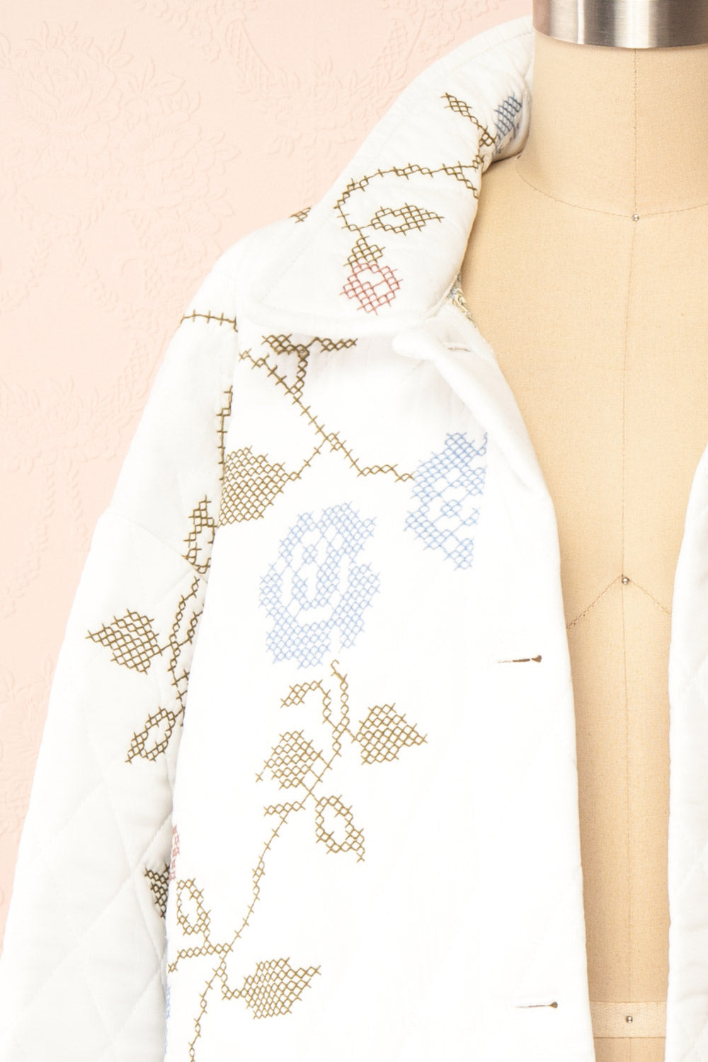 Carolyne White Quilted Jacket w/ Floral Embroidery | Boutique 1861 open close-up