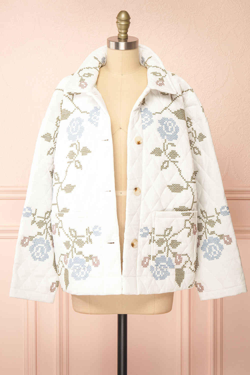 Carolyne White Quilted Jacket w/ Floral Embroidery | Boutique 1861 open view