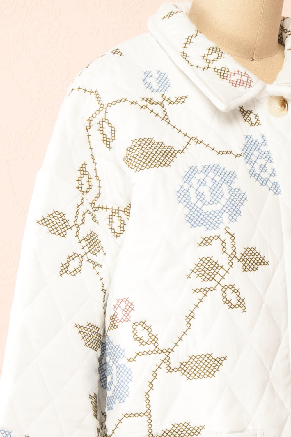 Carolyne White Quilted Jacket w/ Floral Embroidery | Boutique 1861 side close-up