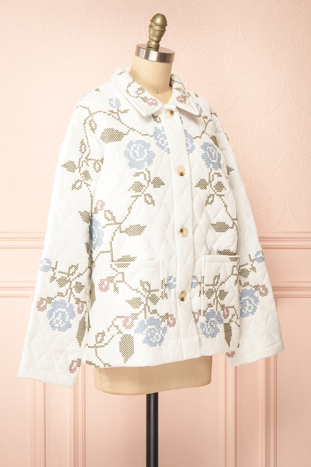 Carolyne White Quilted Jacket w/ Floral Embroidery | Boutique 1861 side close-up