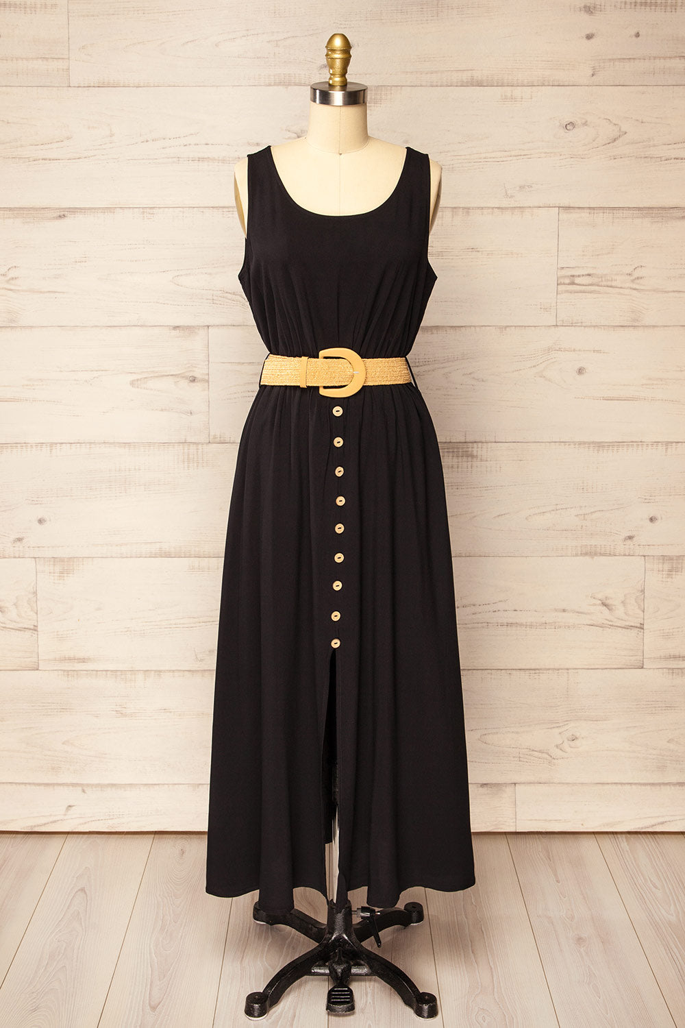 Carrington Black Midi Dress w/ Straw Belt | La petite garçonne front view