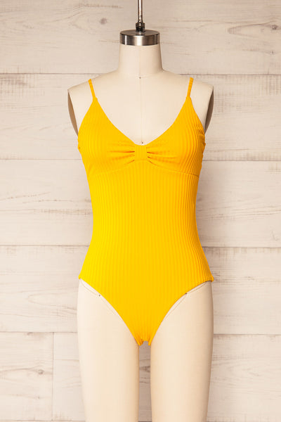 Casablanca Yellow Ribbed One-Piece Swimsuit | La petite garçonne front view