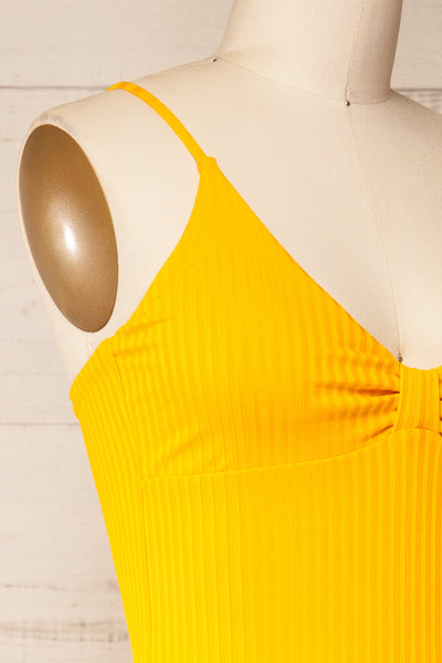 Casablanca Yellow Ribbed One-Piece Swimsuit | La petite garçonne side close-up