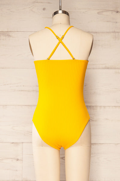 Casablanca Yellow Ribbed One-Piece Swimsuit | La petite garçonne cross straps view