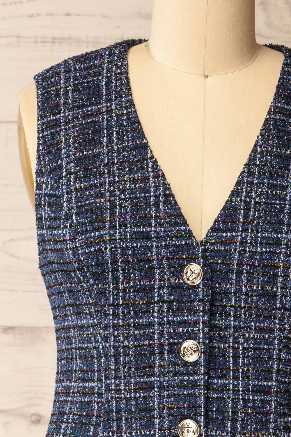 front of sewing mannequin wearing Cascina Sleeveless Sparkling Tweed Blazer from La petite garçonne