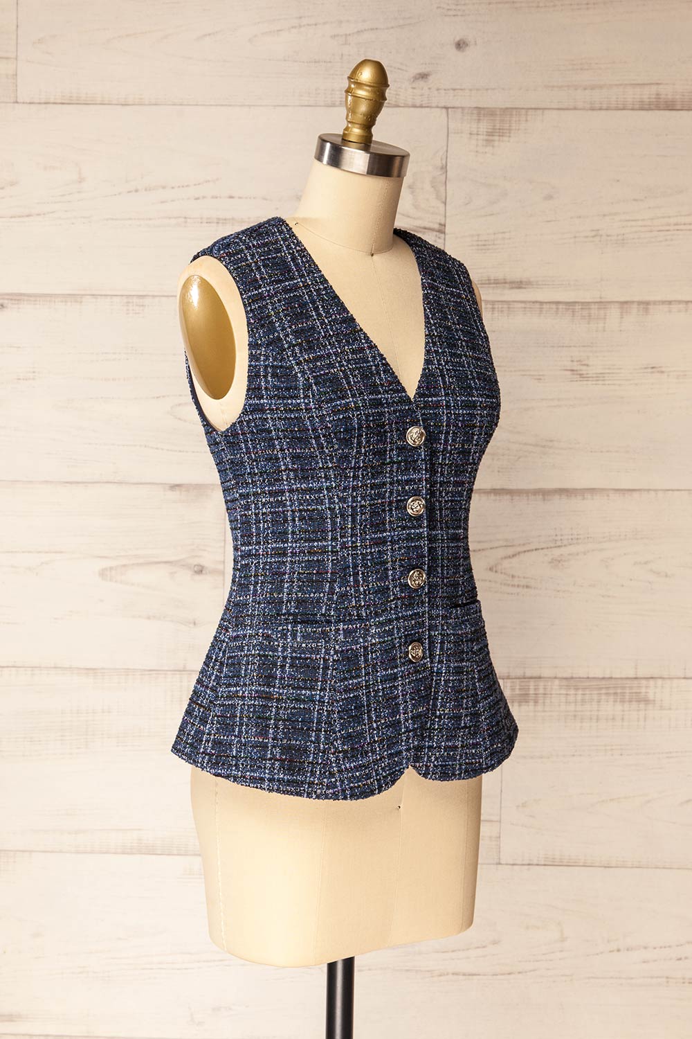 side view of sewing mannequin wearing Cascina Sleeveless Sparkling Tweed Blazer from La petite garçonne