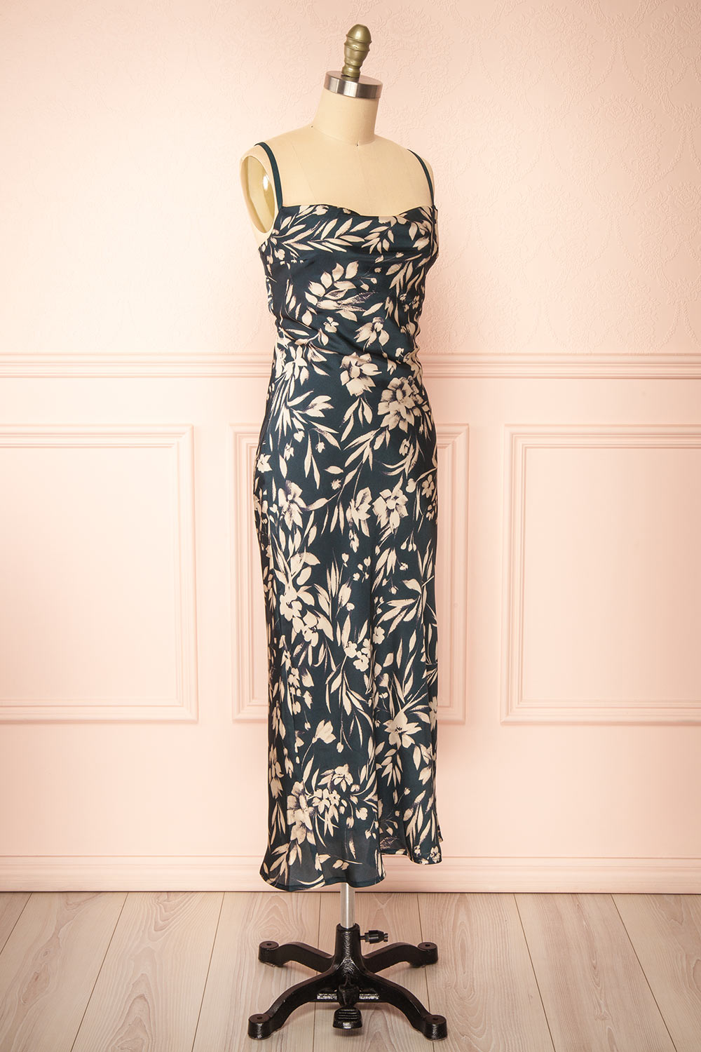 Casey Long Dark Floral Satin Dress | Boutique 1861 side view