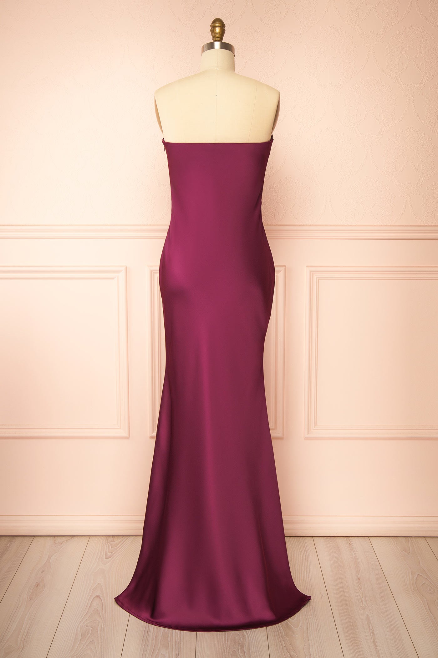 Cathleen Burgundy | Fitted Strapless Satin Maxi Dress
