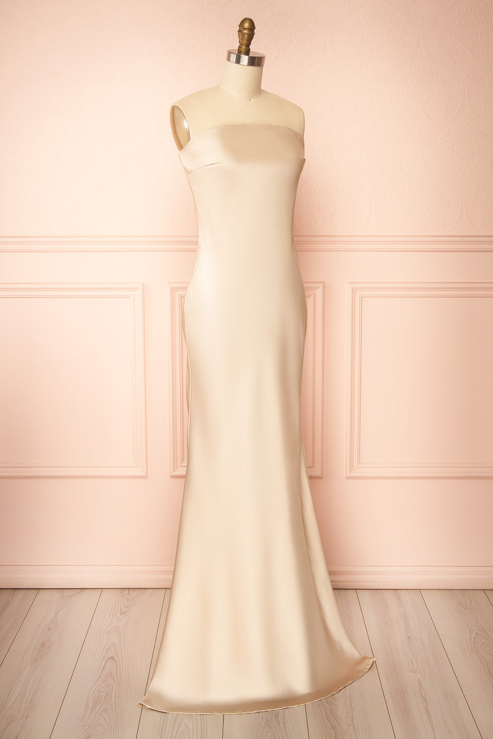 Cathleen Black Fitted Strapless Satin Maxi Dress | Boutique 1861 side view