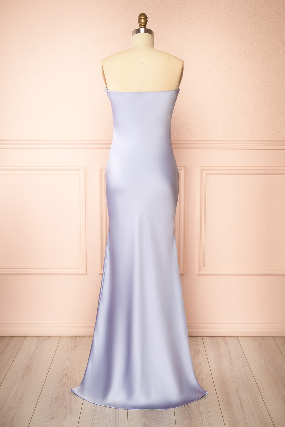 Cathleen Lavender Fitted Strapless Satin Maxi Dress | Boutique 1861 back view
