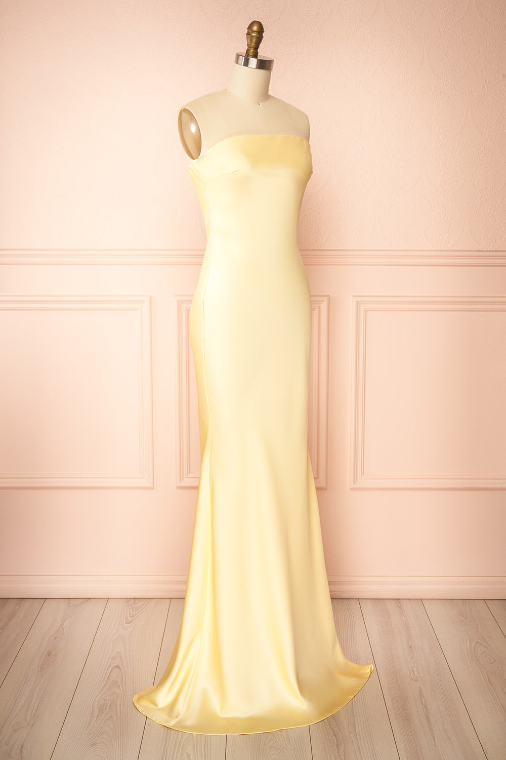 Cathleen Light Yellow Fitted Strapless Satin Maxi Dress | Boutique 1861 side view