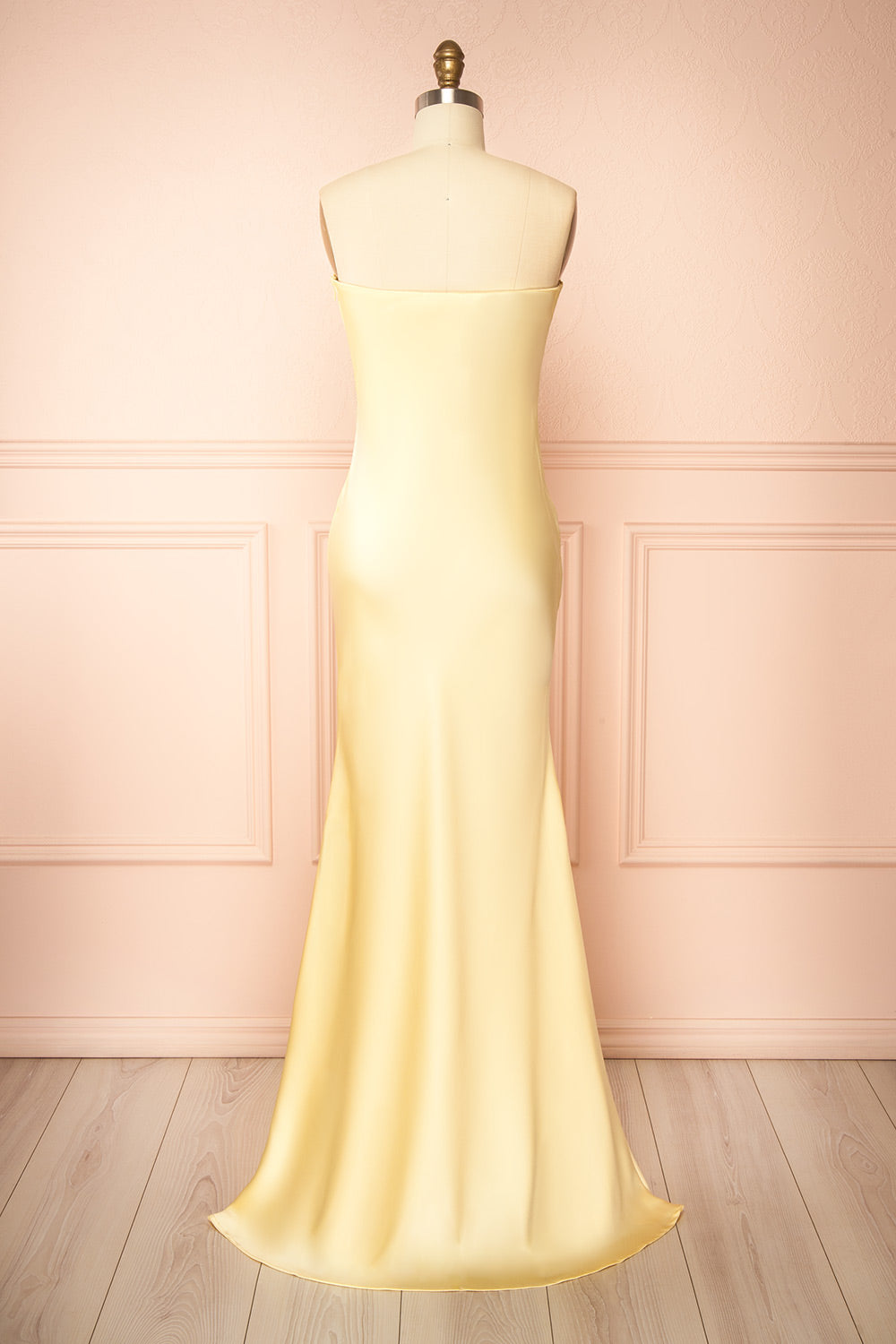 Cathleen Light Yellow Fitted Strapless Satin Maxi Dress | Boutique 1861 back view