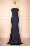Cathleen Navy | Fitted Strapless Satin Maxi Dress