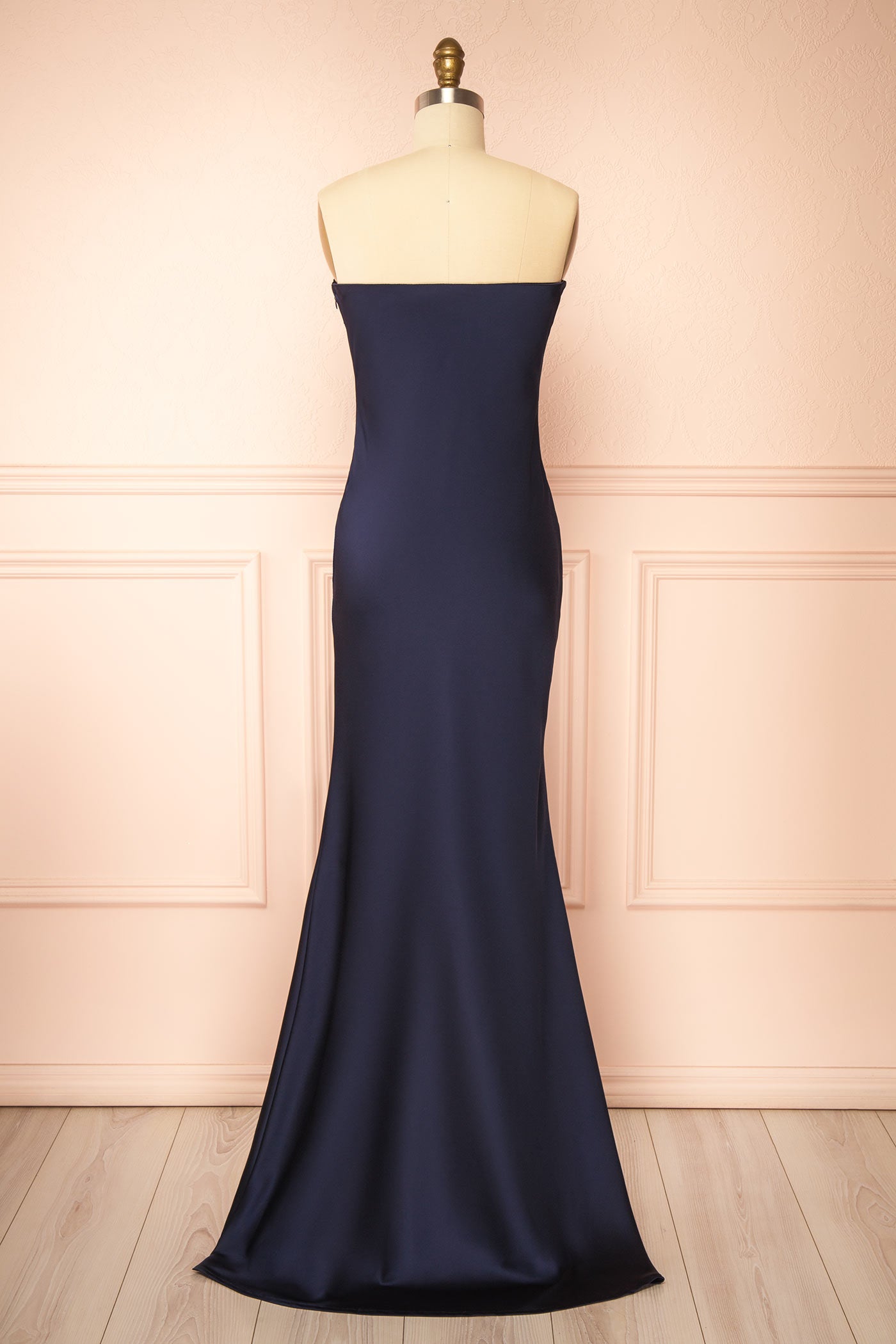 Cathleen Navy | Fitted Strapless Satin Maxi Dress
