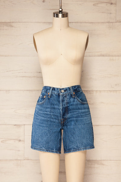 Cavtat Blue High-Waisted Denim Shorts | La petite garçonne front view