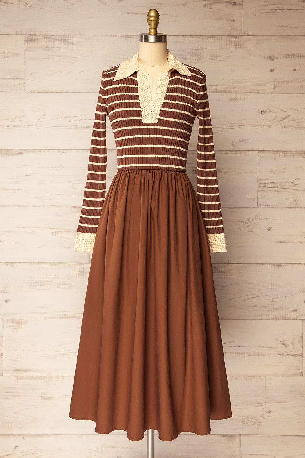 Cayce Long Brown Striped Knit Dress with Crochet Details | La petite garçonne front view