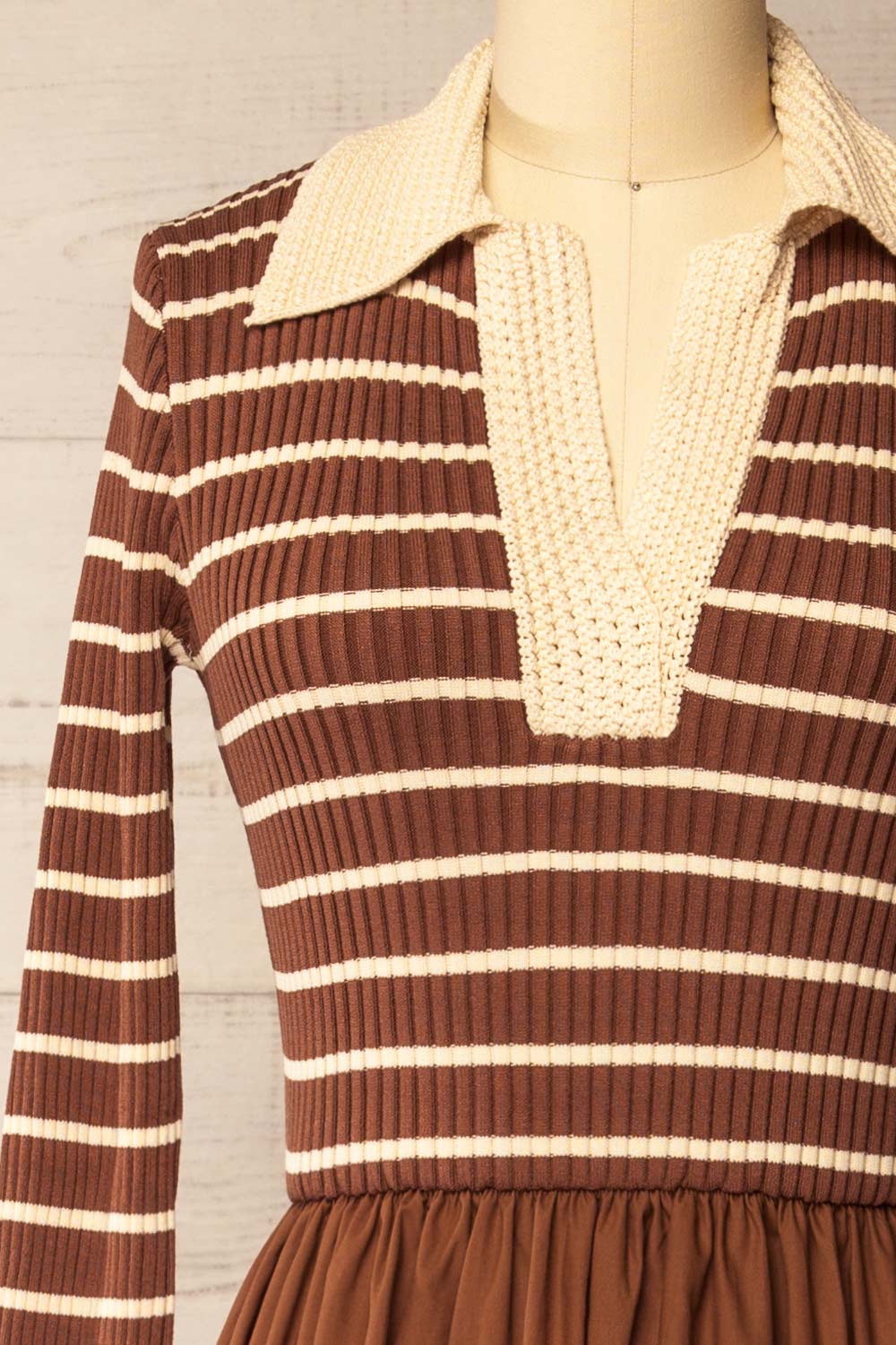 Cayce Long Brown Striped Knit Dress with Crochet Details | La petite garçonne front