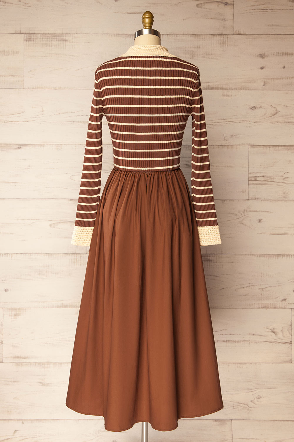 Cayce Long Brown Striped Knit Dress with Crochet Details | La petite garçonne back view