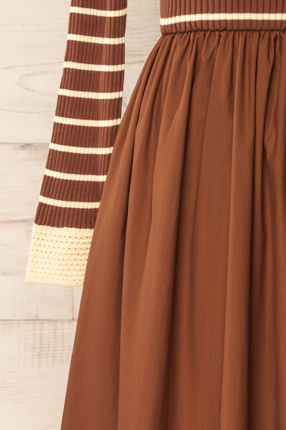 Cayce Long Brown Striped Knit Dress with Crochet Details | La petite garçonne 