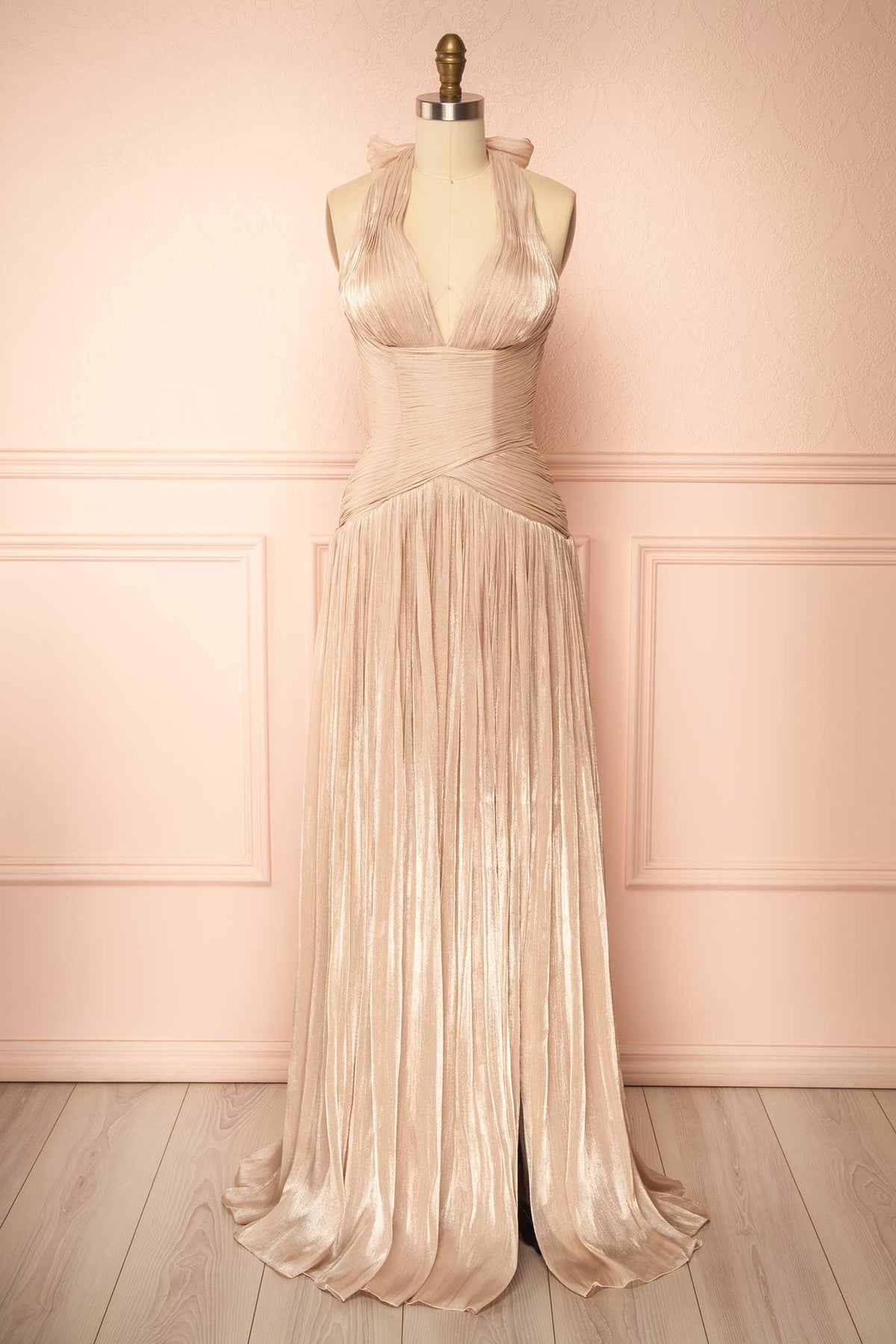 Cecia Champagne | Pleated Maxi Dress with High Slit